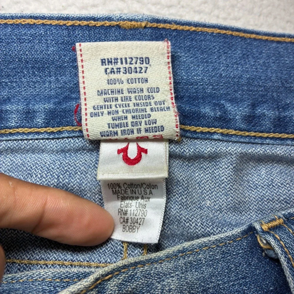 Vintage True Religion Bobby Jeans Men 33x30 Blue Faded Whiskered Distressed USA
